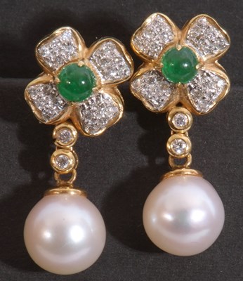 Lot 201 - Pair of diamond, emerald and cultured pearl...
