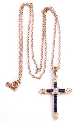 Lot 213 - 9ct gold sapphire and diamond cross pendant, 3....
