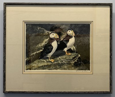 Lot 21 - Sheila Scott (Scottish,1944-2017) puffins on a...
