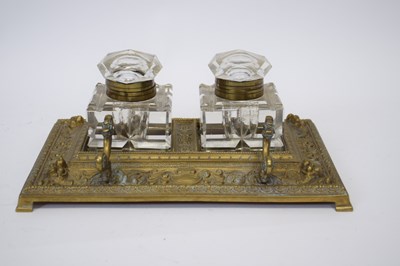 Lot 72 - Brass inkwell with two glass liners, 25cm long