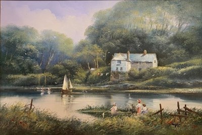 Lot 31 - Ted Dyer (British, b1940), a riverbank view...