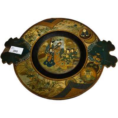 Lot 305 - Small lacquer tray with central design of...