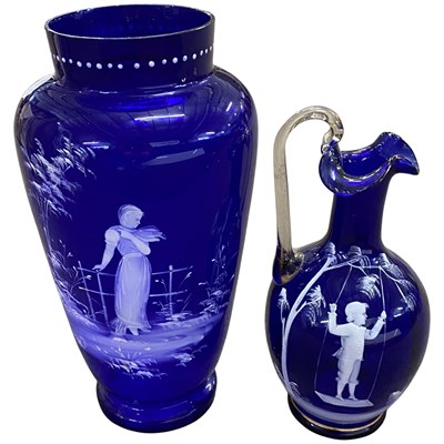 Lot 339 - Blue glass vase well painted in Mary Gregory...